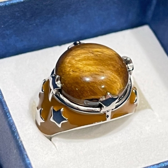 Chunky Tigers Eye Statement Ring Stainless Steel Star Details - Size 7 - Picture 1 of 7
